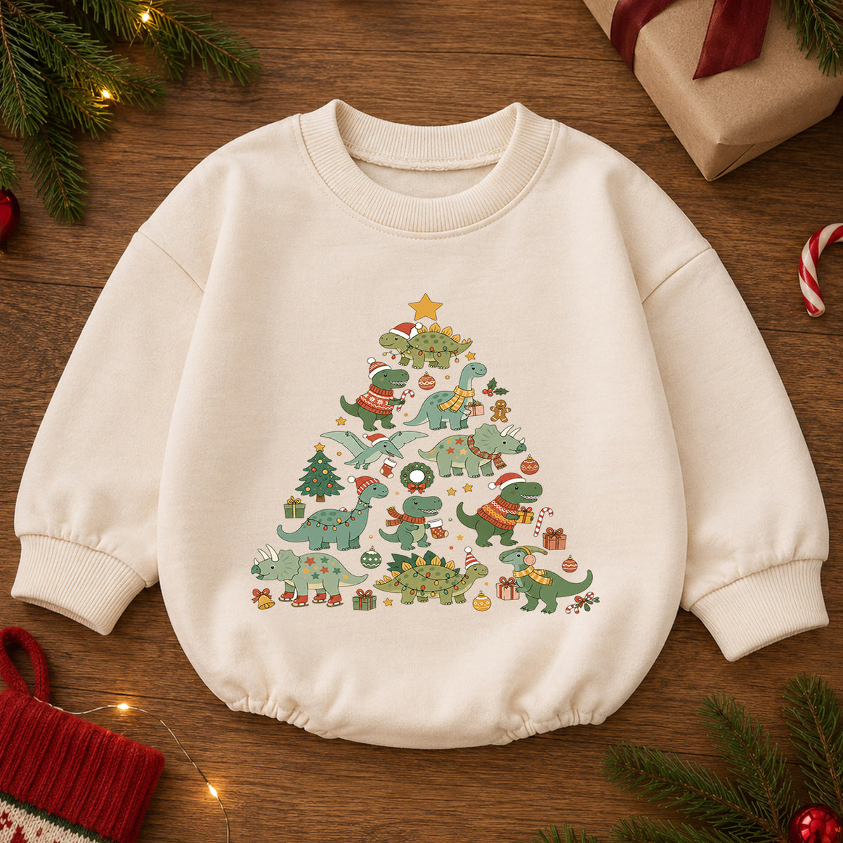 Dinosaur Christmas Tree Baby Romper, Cute Dino Holiday Romper, Toddler Christmas Outfit, Dinosaur Xmas Gift for Baby — product view 2