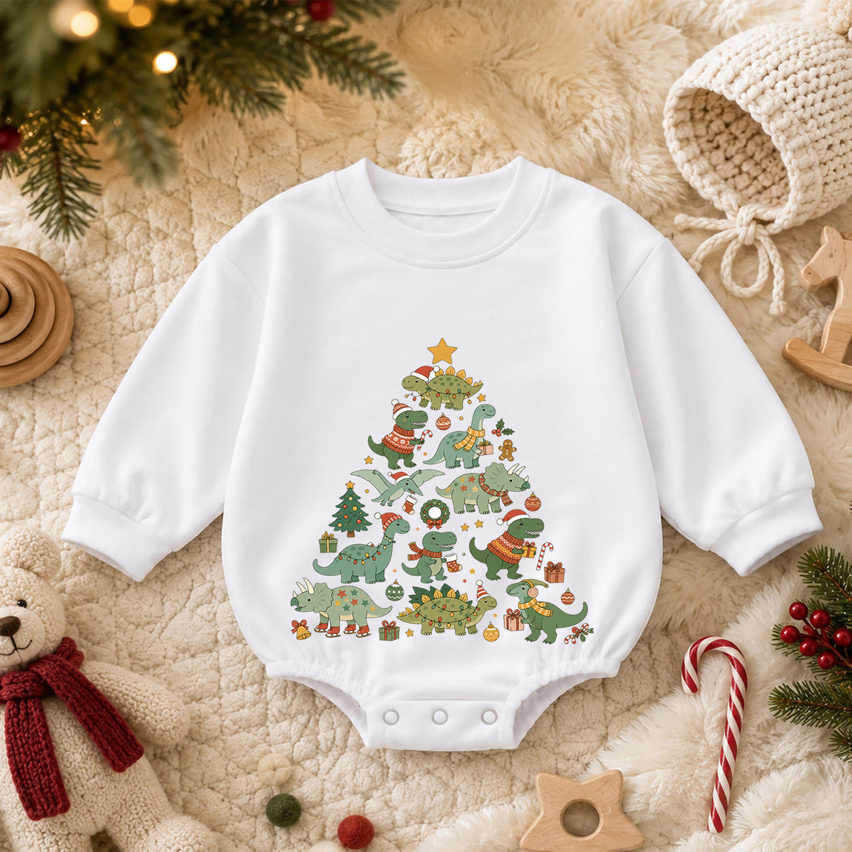 Dinosaur Christmas Tree Baby Romper, Cute Dino Holiday Romper, Toddler Christmas Outfit, Dinosaur Xmas Gift for Baby — product view 3