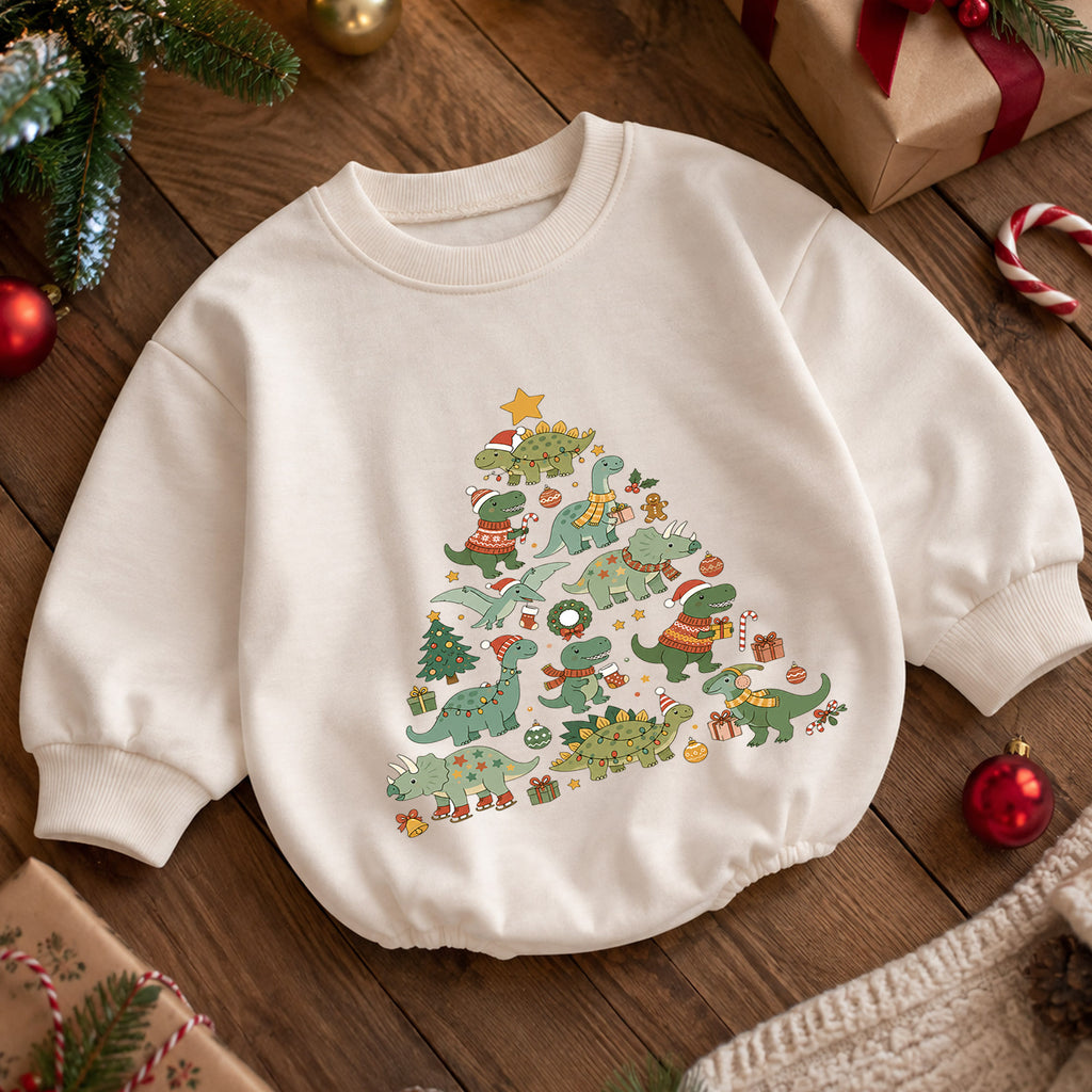 Dinosaur Christmas Tree Baby Romper, Cute Dino Holiday Romper, Toddler Christmas Outfit, Dinosaur Xmas Gift for Baby — product view 5
