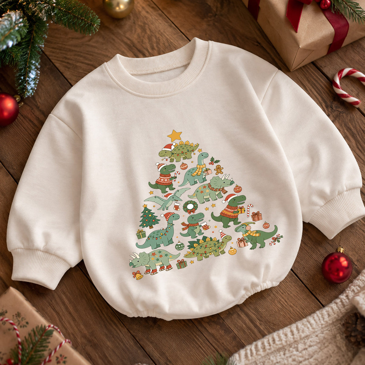Dinosaur Christmas Tree Baby Romper, Cute Dino Holiday Romper, Toddler Christmas Outfit, Dinosaur Xmas Gift for Baby — product view 5