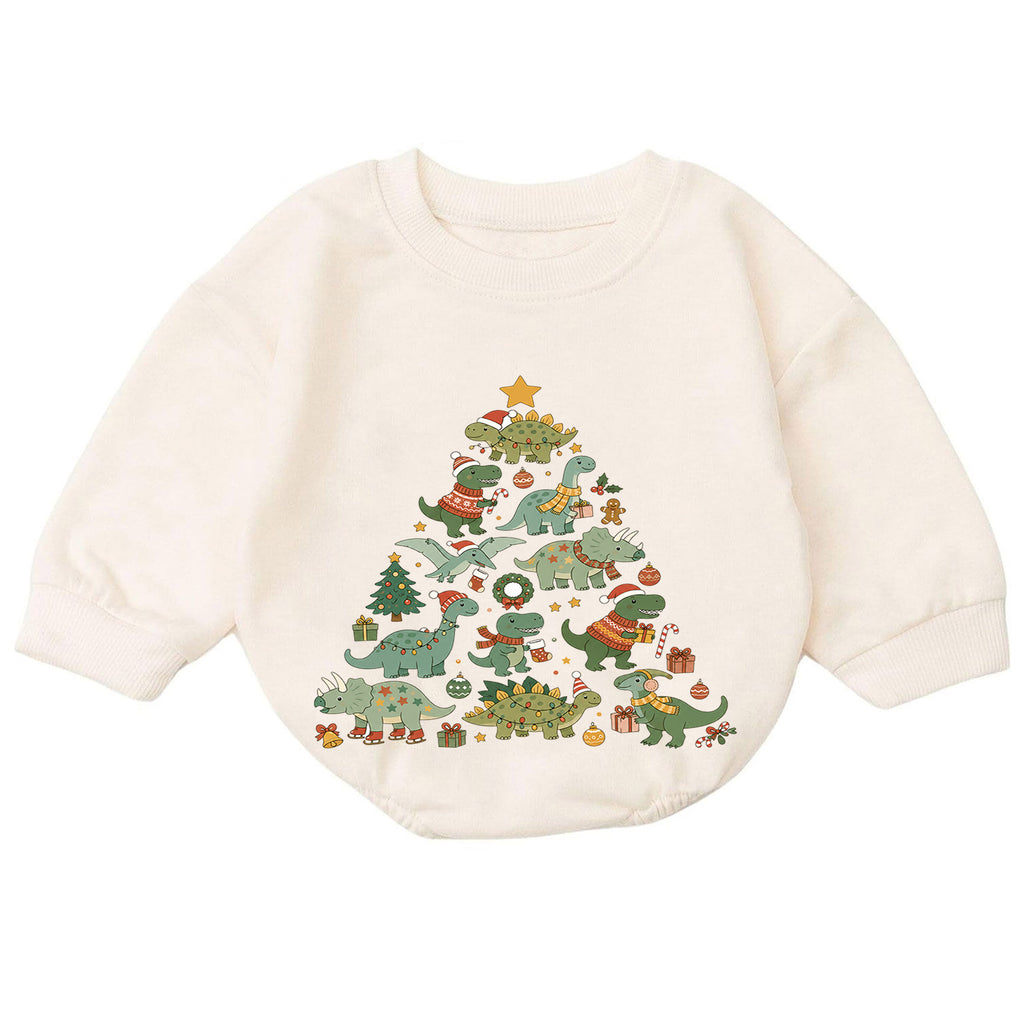 Dinosaur Christmas Tree Baby Romper, Cute Dino Holiday Romper, Toddler Christmas Outfit, Dinosaur Xmas Gift for Baby — product view 7