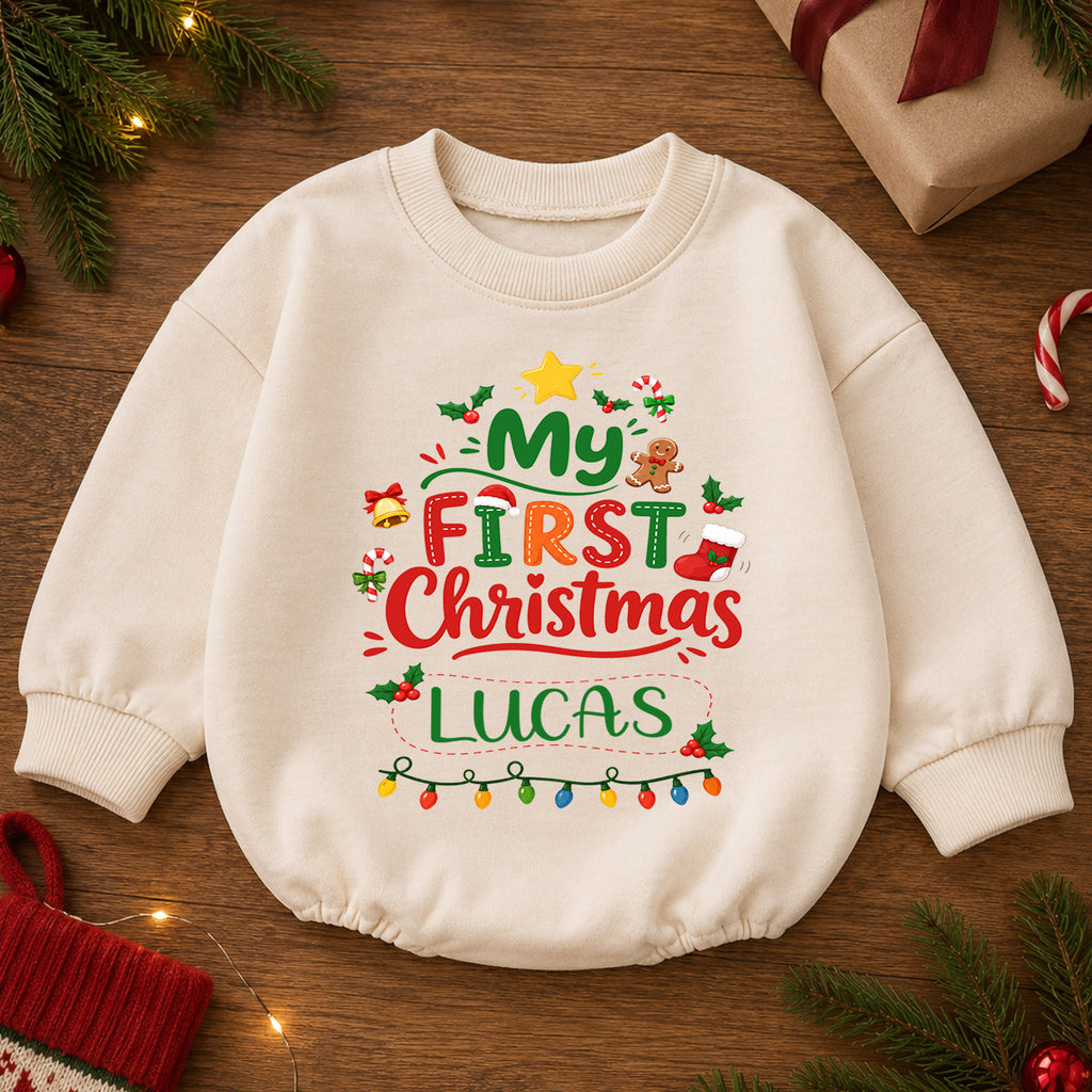 Custom Name Christmas Baby Romper, Personalized Festive Letter Design, 1st Christmas Outfit, My First Birthday Gift for Baby — product view 2