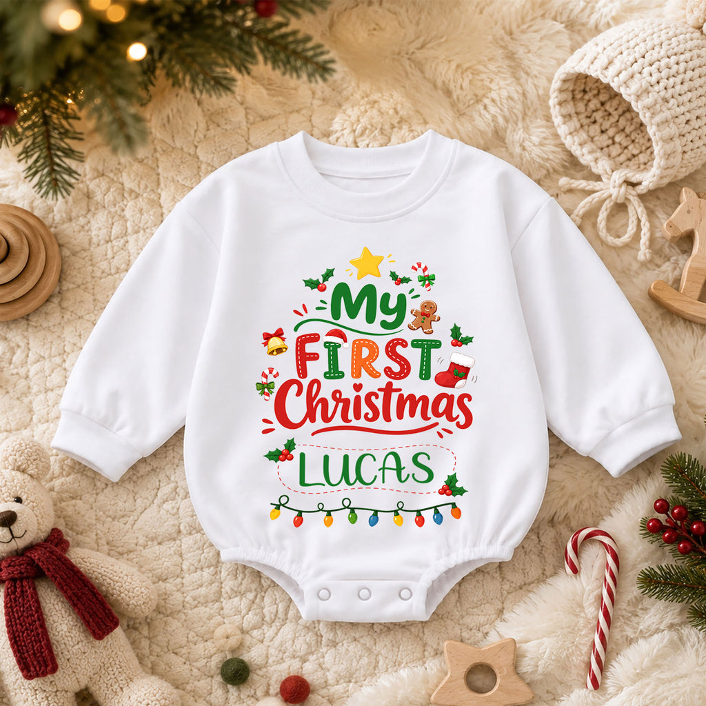 Custom Name Christmas Baby Romper, Personalized Festive Letter Design, 1st Christmas Outfit, My First Birthday Gift for Baby — product view 3