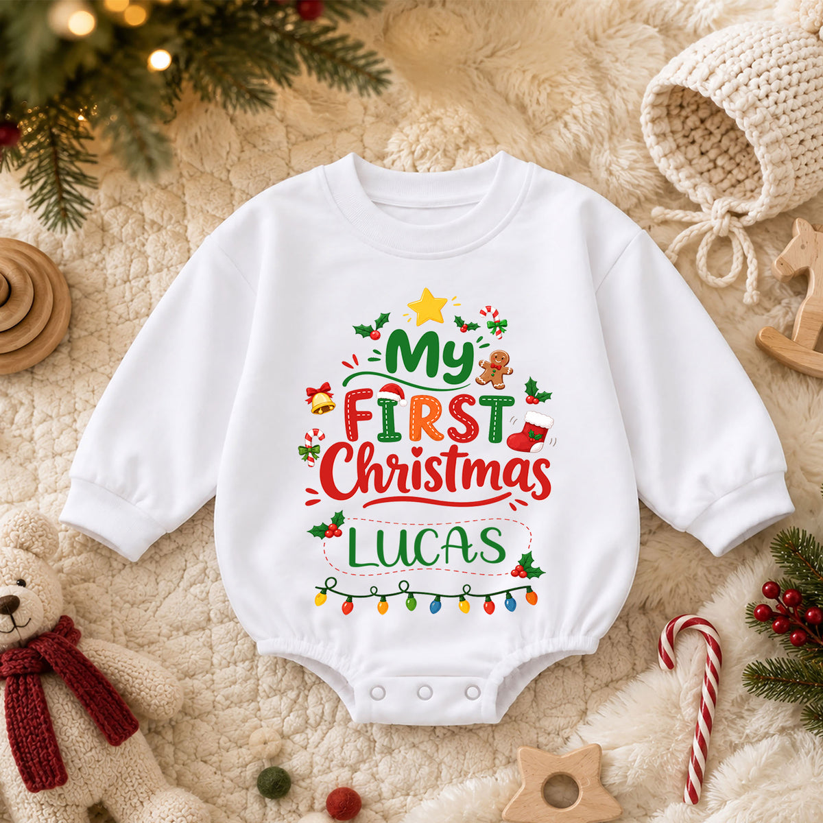Custom Name Christmas Baby Romper, Personalized Festive Letter Design, 1st Christmas Outfit, My First Birthday Gift for Baby — product view 3