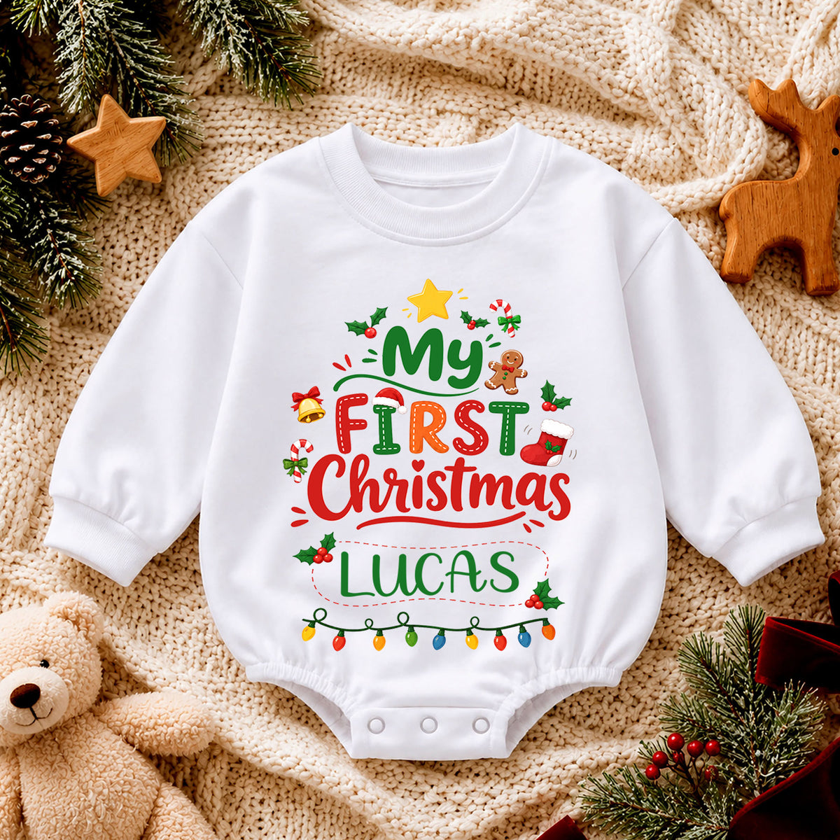 Custom Name Christmas Baby Romper, Personalized Festive Letter Design, 1st Christmas Outfit, My First Birthday Gift for Baby — product view 4