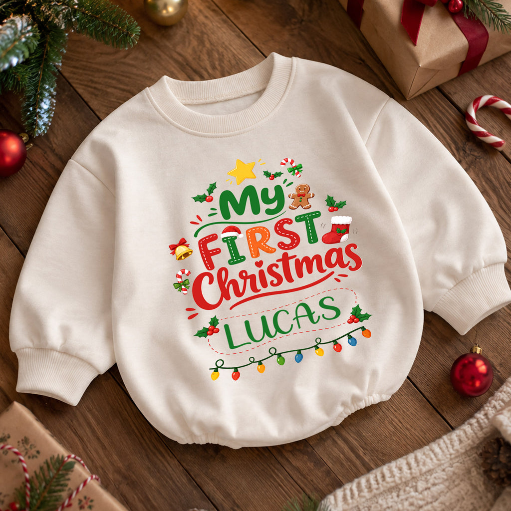 Custom Name Christmas Baby Romper, Personalized Festive Letter Design, 1st Christmas Outfit, My First Birthday Gift for Baby — product view 5