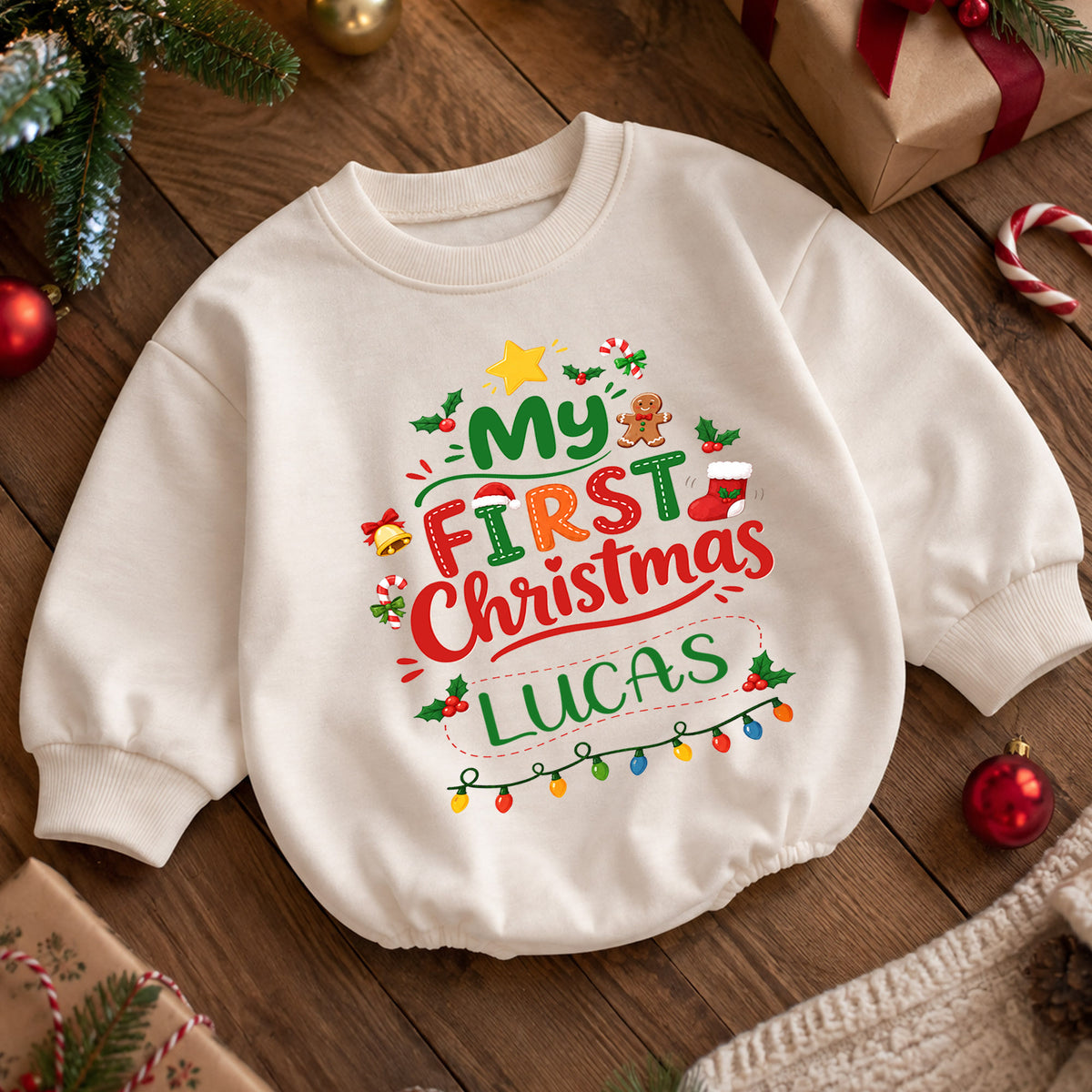 Custom Name Christmas Baby Romper, Personalized Festive Letter Design, 1st Christmas Outfit, My First Birthday Gift for Baby — product view 5