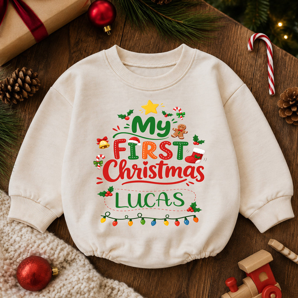 Custom Name Christmas Baby Romper, Personalized Festive Letter Design, 1st Christmas Outfit, My First Birthday Gift for Baby — product view 6