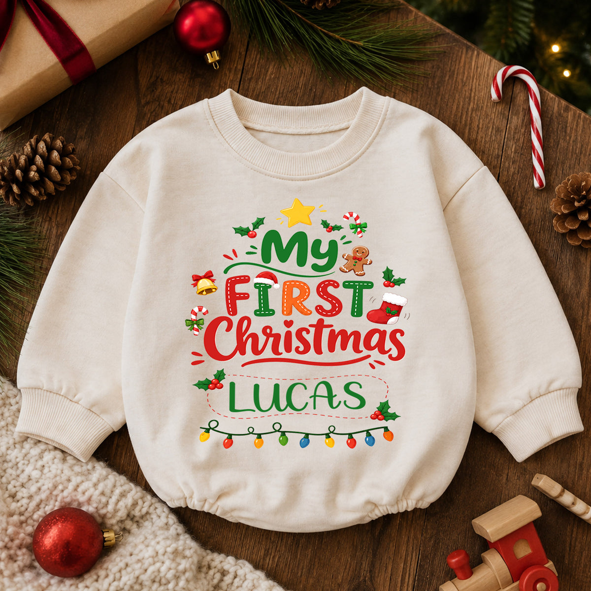 Custom Name Christmas Baby Romper, Personalized Festive Letter Design, 1st Christmas Outfit, My First Birthday Gift for Baby — product view 6