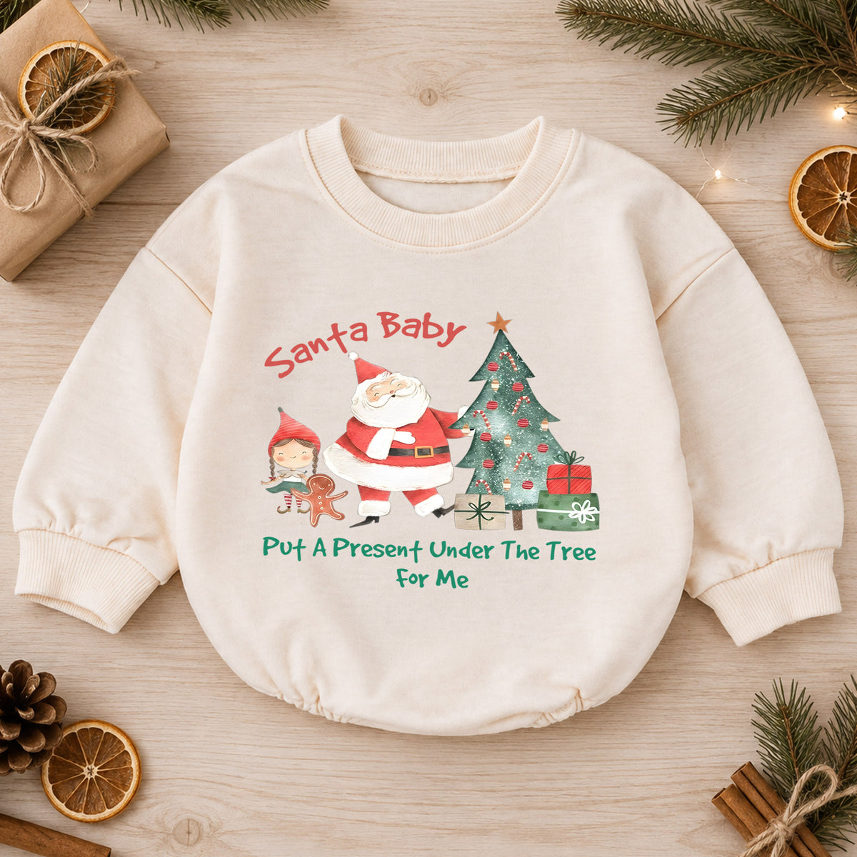 Santa Baby Put a Present Under the Tree Romper, Baby 1st Christmas Outfit, 1st Birthday Holiday Romper, Cute Christmas Keepsake Gift — product view 1