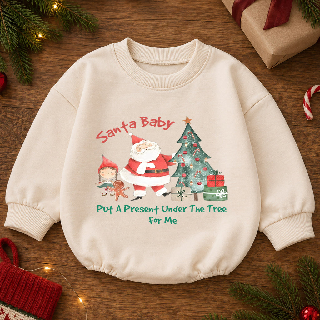 Santa Baby Put a Present Under the Tree Romper, Baby 1st Christmas Outfit, 1st Birthday Holiday Romper, Cute Christmas Keepsake Gift — product view 2