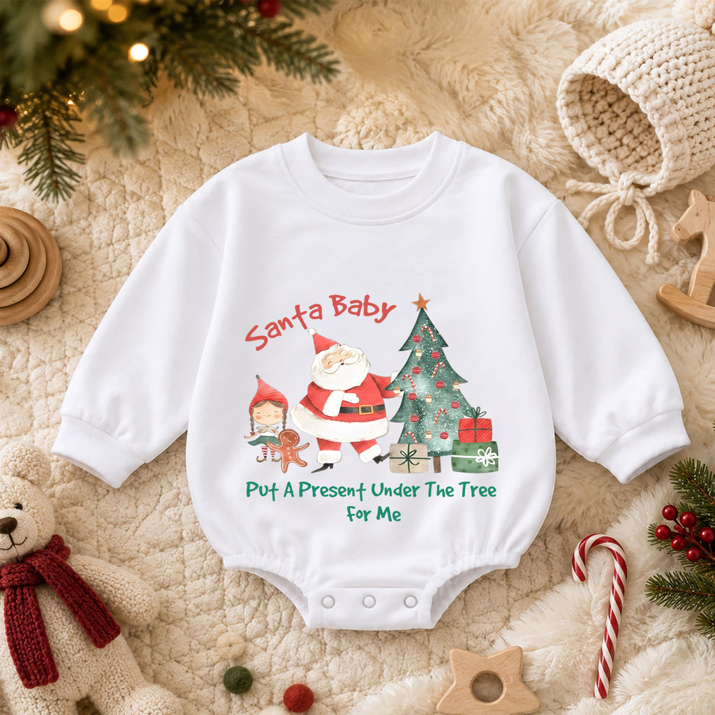 Santa Baby Put a Present Under the Tree Romper, Baby 1st Christmas Outfit, 1st Birthday Holiday Romper, Cute Christmas Keepsake Gift — product view 3