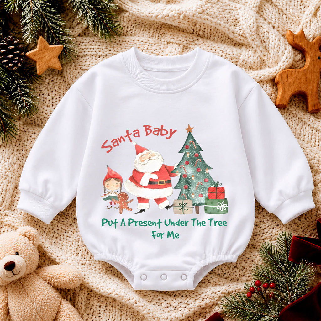 Santa Baby Put a Present Under the Tree Romper, Baby 1st Christmas Outfit, 1st Birthday Holiday Romper, Cute Christmas Keepsake Gift — product view 4
