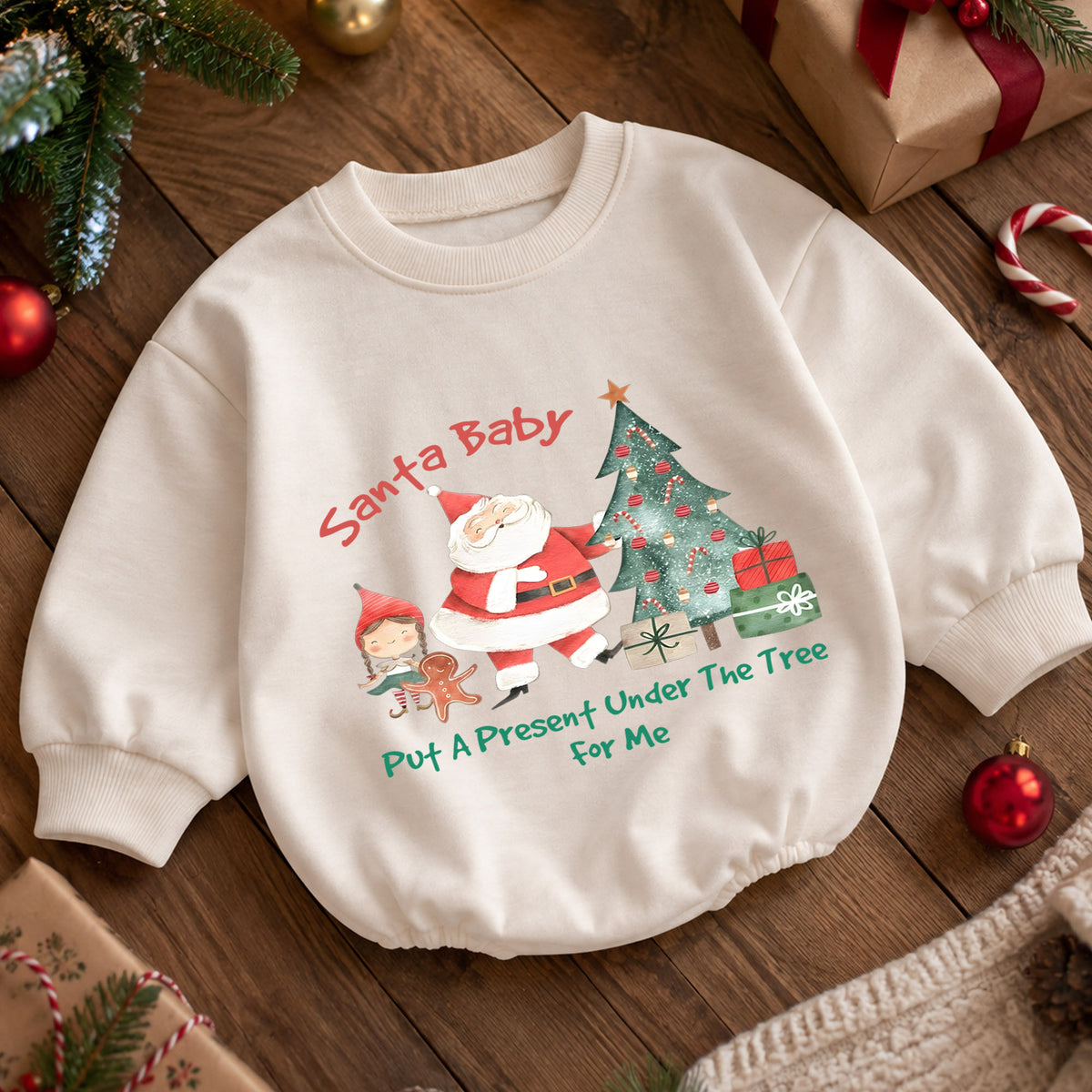 Santa Baby Put a Present Under the Tree Romper, Baby 1st Christmas Outfit, 1st Birthday Holiday Romper, Cute Christmas Keepsake Gift — product view 5