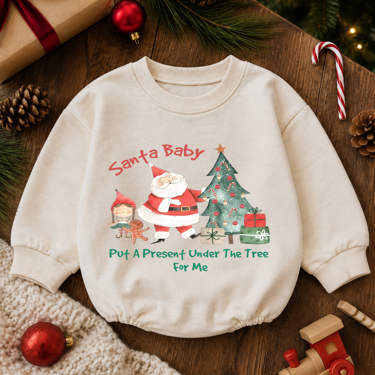 Santa Baby Put a Present Under the Tree Romper, Baby 1st Christmas Outfit, 1st Birthday Holiday Romper, Cute Christmas Keepsake Gift — product view 6