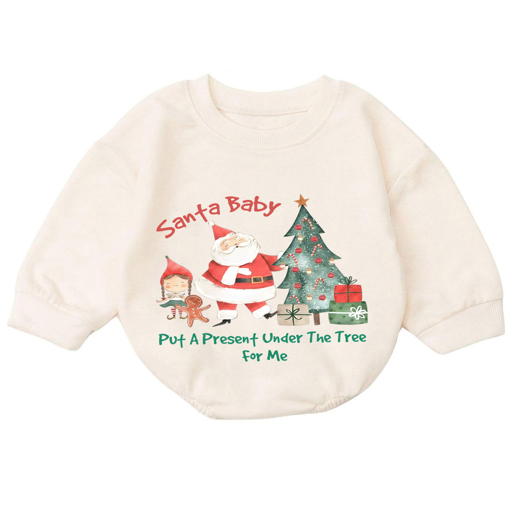 Santa Baby Put a Present Under the Tree Romper, Baby 1st Christmas Outfit, 1st Birthday Holiday Romper, Cute Christmas Keepsake Gift — product view 7