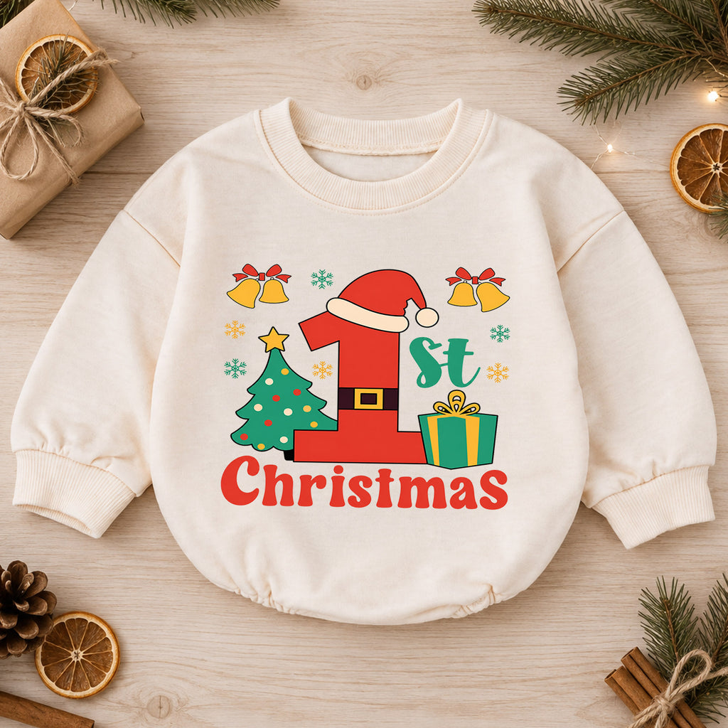 My 1st Christmas Baby Romper, Santa Number One First Christmas Outfit, Baby Holiday Romper, Christmas Keepsake Gift — product view 1