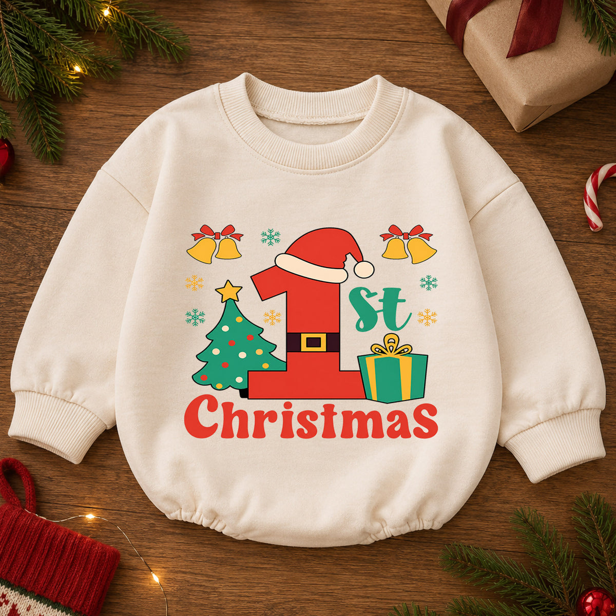 My 1st Christmas Baby Romper, Santa Number One First Christmas Outfit, Baby Holiday Romper, Christmas Keepsake Gift — product view 2