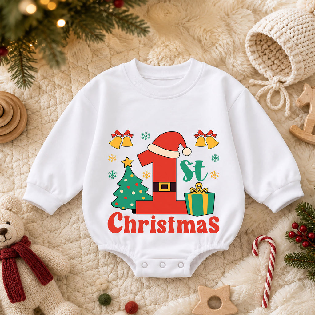 My 1st Christmas Baby Romper, Santa Number One First Christmas Outfit, Baby Holiday Romper, Christmas Keepsake Gift — product view 3