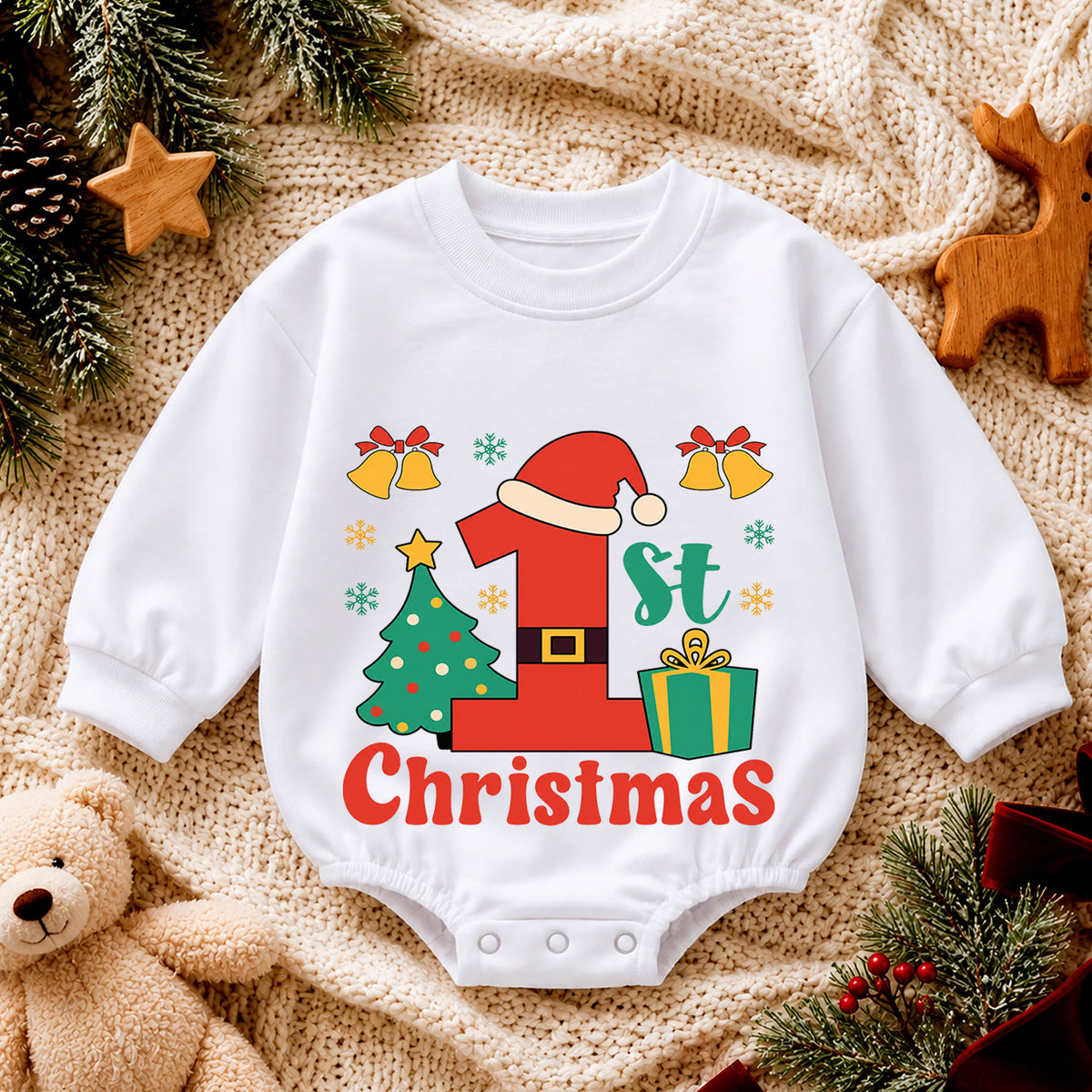 My 1st Christmas Baby Romper, Santa Number One First Christmas Outfit, Baby Holiday Romper, Christmas Keepsake Gift — product view 4