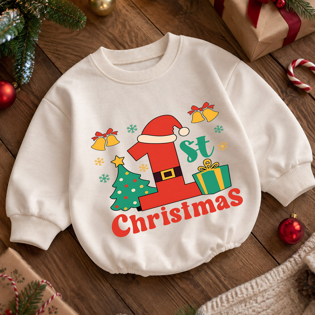 My 1st Christmas Baby Romper, Santa Number One First Christmas Outfit, Baby Holiday Romper, Christmas Keepsake Gift — product view 5