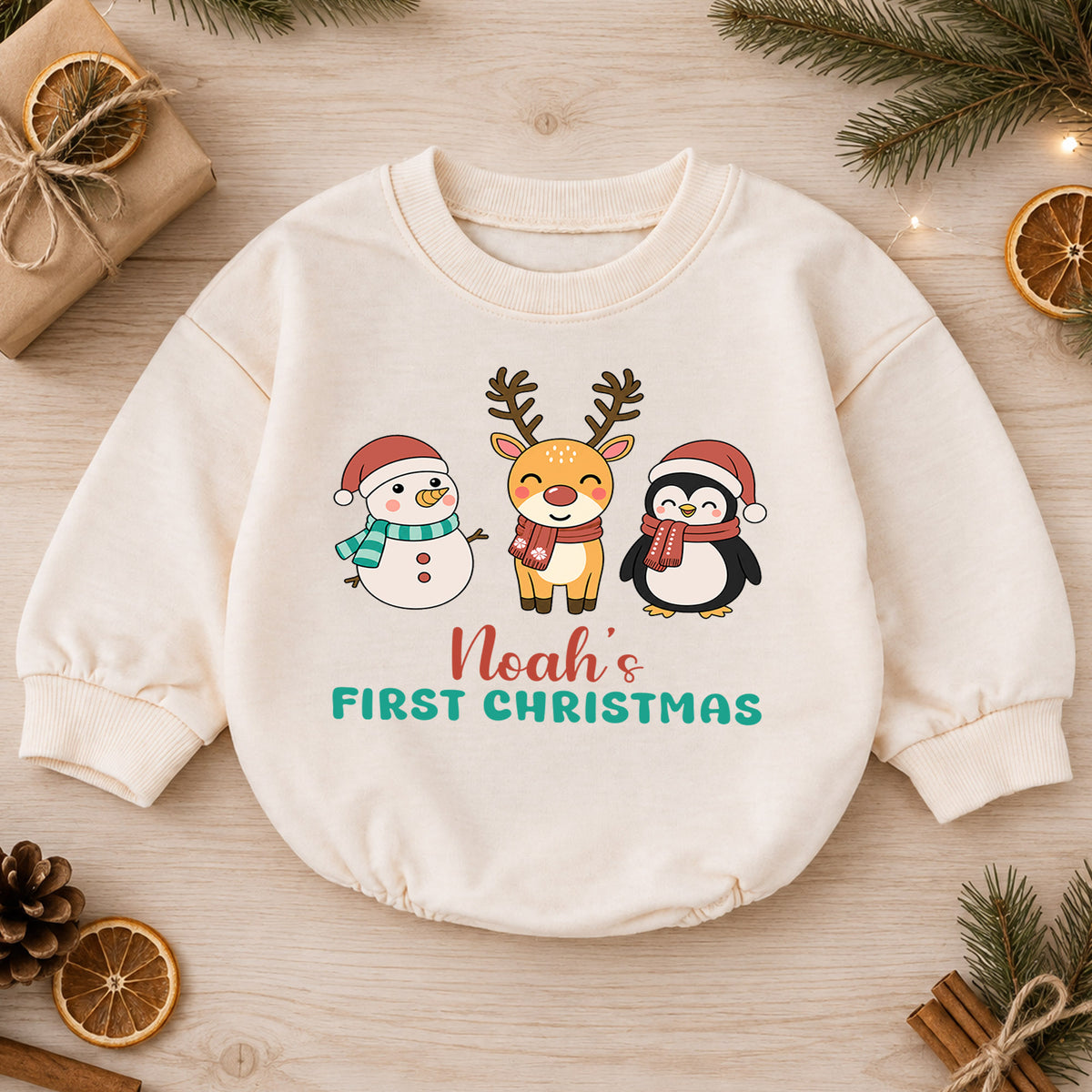 My 1st Christmas Personalized Baby Romper, Custom Name Snowman Reindeer Penguin Outfit, First Birthday Holiday Keepsake Gift — product view 1