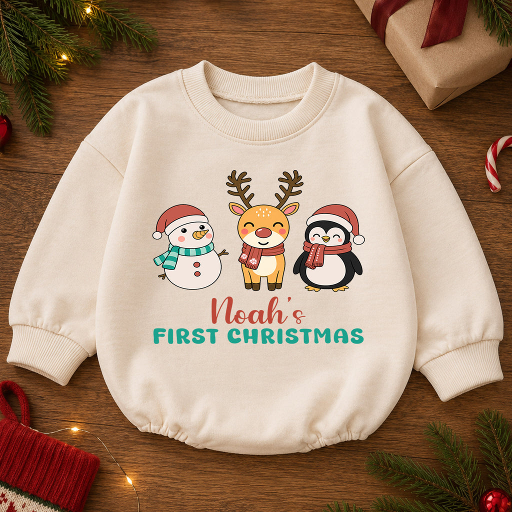 My 1st Christmas Personalized Baby Romper, Custom Name Snowman Reindeer Penguin Outfit, First Birthday Holiday Keepsake Gift — product view 2