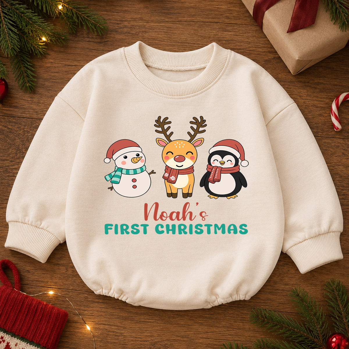 My 1st Christmas Personalized Baby Romper, Custom Name Snowman Reindeer Penguin Outfit, First Birthday Holiday Keepsake Gift — product view 2
