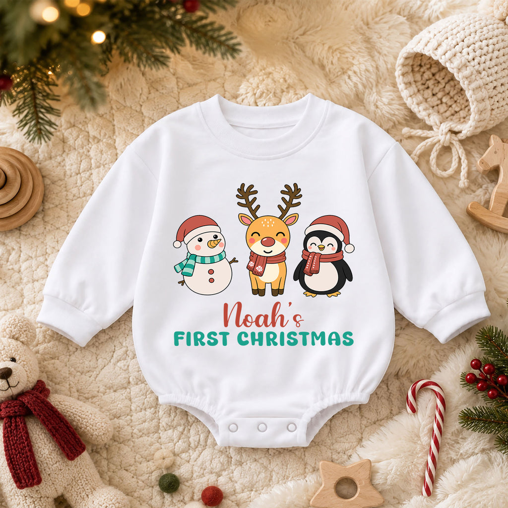 My 1st Christmas Personalized Baby Romper, Custom Name Snowman Reindeer Penguin Outfit, First Birthday Holiday Keepsake Gift — product view 3