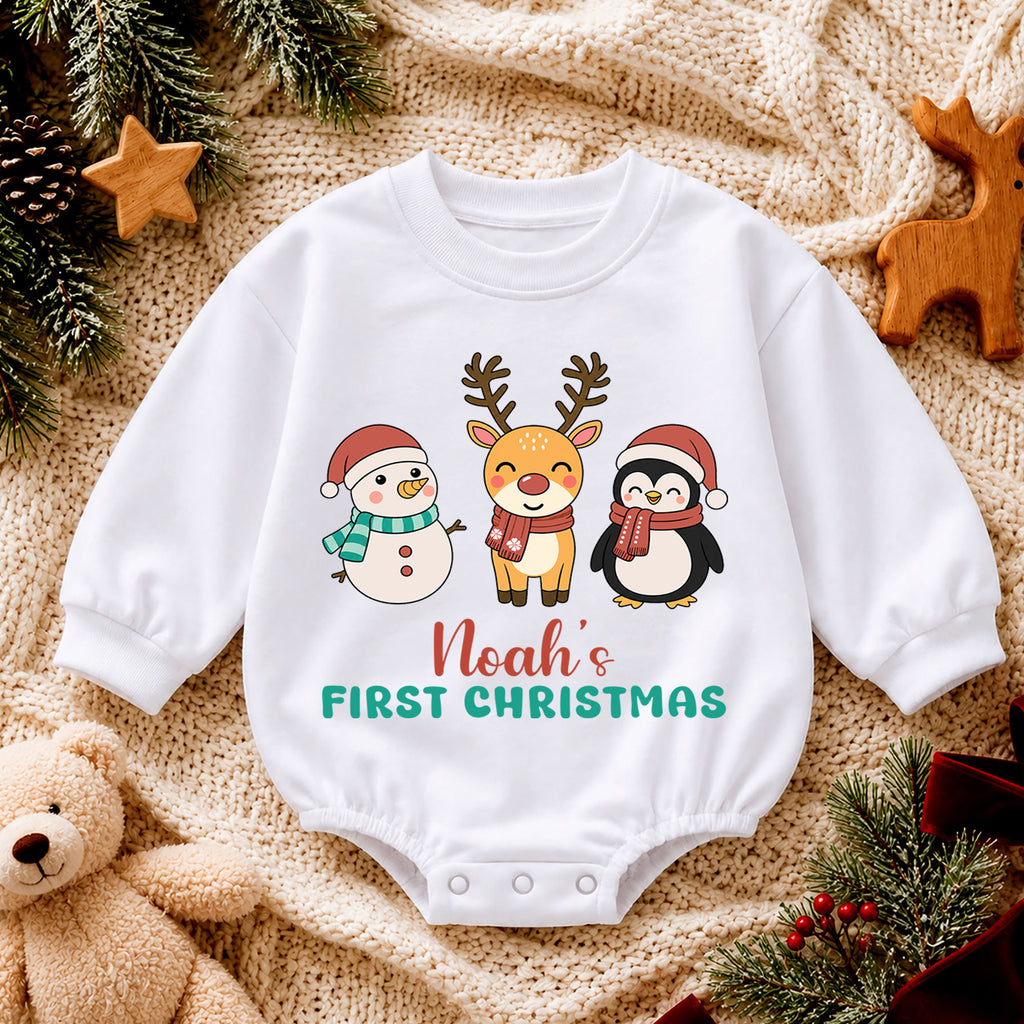 My 1st Christmas Personalized Baby Romper, Custom Name Snowman Reindeer Penguin Outfit, First Birthday Holiday Keepsake Gift — product view 4