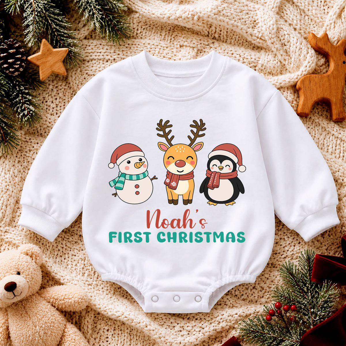 My 1st Christmas Personalized Baby Romper, Custom Name Snowman Reindeer Penguin Outfit, First Birthday Holiday Keepsake Gift — product view 4