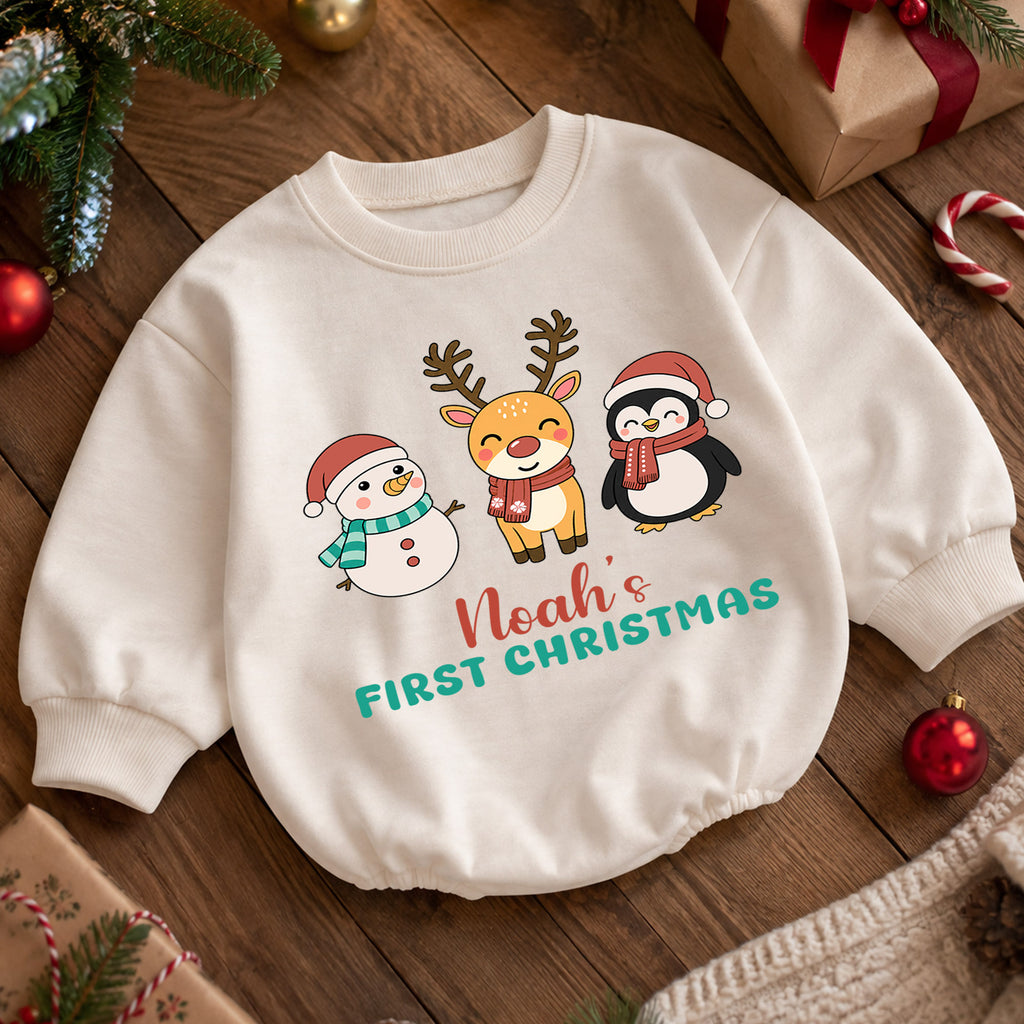 My 1st Christmas Personalized Baby Romper, Custom Name Snowman Reindeer Penguin Outfit, First Birthday Holiday Keepsake Gift — product view 5