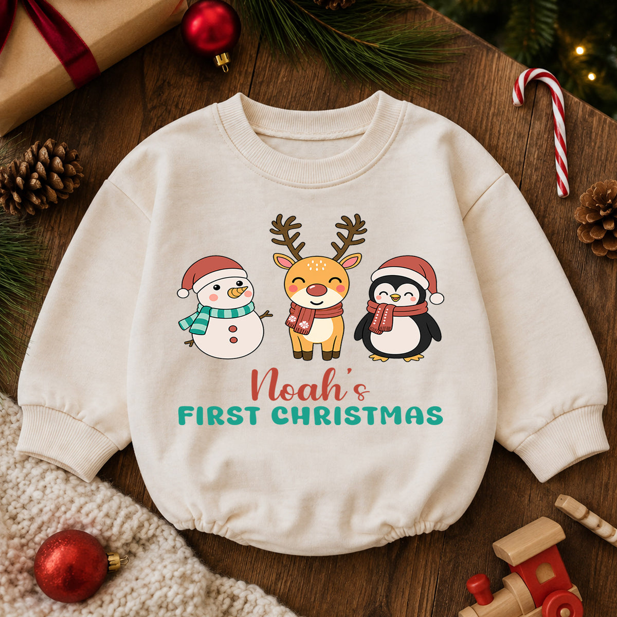 My 1st Christmas Personalized Baby Romper, Custom Name Snowman Reindeer Penguin Outfit, First Birthday Holiday Keepsake Gift — product view 6