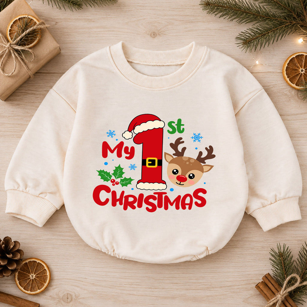 My 1st Christmas Reindeer Baby Romper, Santa Number One Holiday Romper, Baby First Christmas Outfit, Xmas Keepsake Gift — product view 1