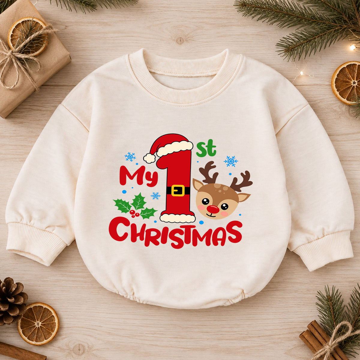 My 1st Christmas Reindeer Baby Romper, Santa Number One Holiday Romper, Baby First Christmas Outfit, Xmas Keepsake Gift — product view 1