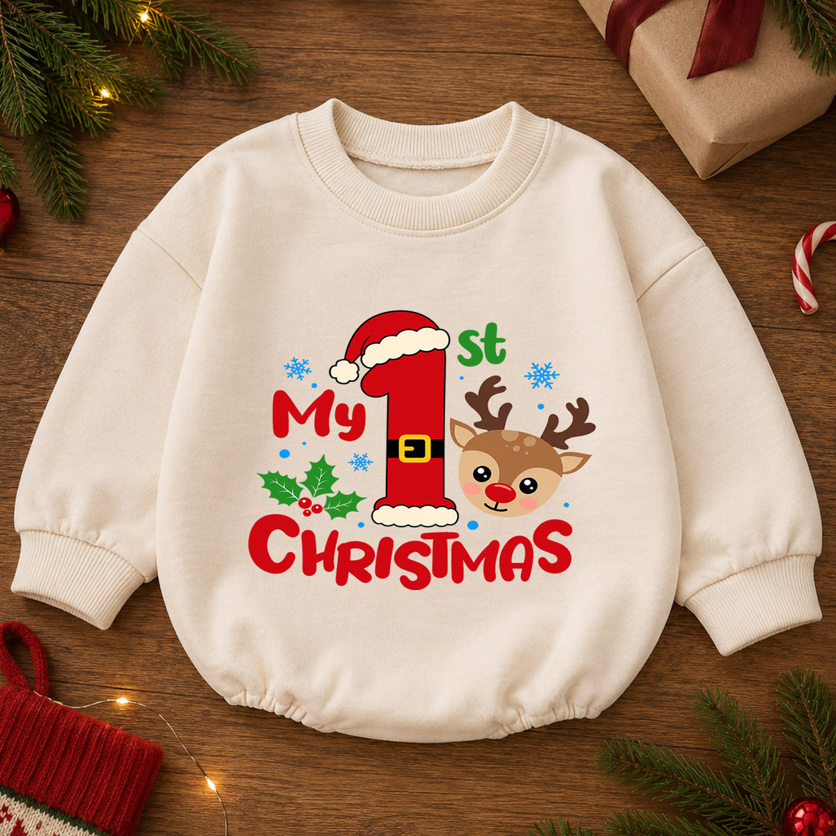 My 1st Christmas Reindeer Baby Romper, Santa Number One Holiday Romper, Baby First Christmas Outfit, Xmas Keepsake Gift — product view 2
