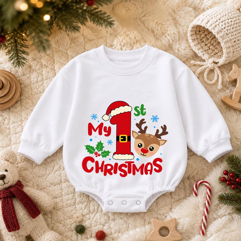 My 1st Christmas Reindeer Baby Romper, Santa Number One Holiday Romper, Baby First Christmas Outfit, Xmas Keepsake Gift — product view 3