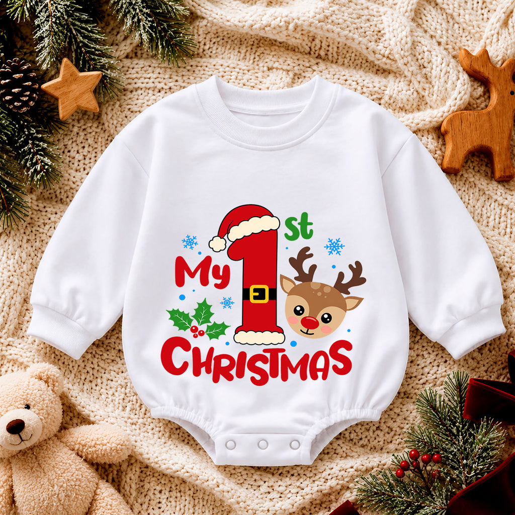 My 1st Christmas Reindeer Baby Romper, Santa Number One Holiday Romper, Baby First Christmas Outfit, Xmas Keepsake Gift — product view 4