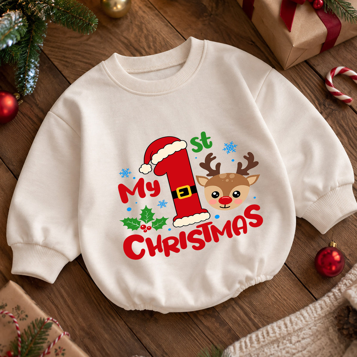 My 1st Christmas Reindeer Baby Romper, Santa Number One Holiday Romper, Baby First Christmas Outfit, Xmas Keepsake Gift — product view 5