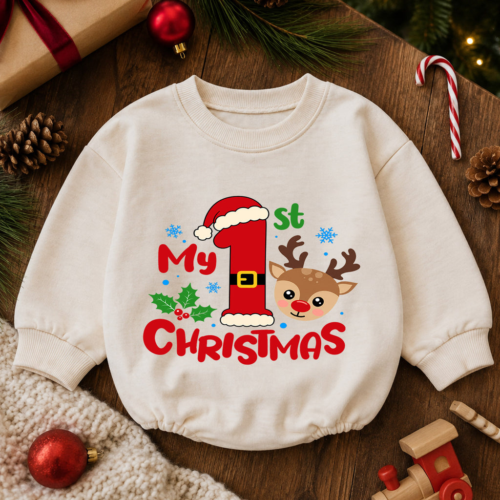 My 1st Christmas Reindeer Baby Romper, Santa Number One Holiday Romper, Baby First Christmas Outfit, Xmas Keepsake Gift — product view 6