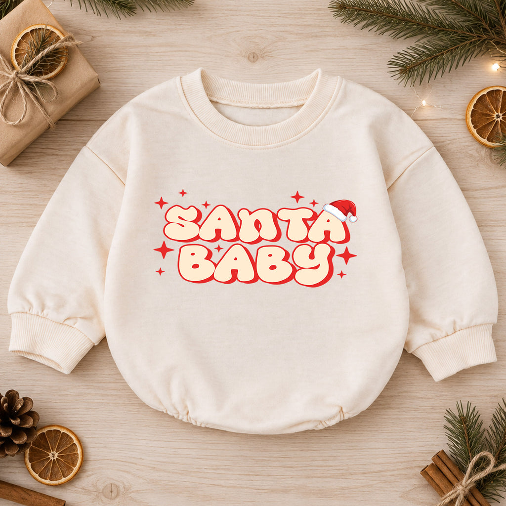 Santa Baby Christmas Romper, Retro Santa Baby Romper, Toddler Christmas Outfit, Cute Baby Holiday Romper, Xmas Gift for Baby — product view 1