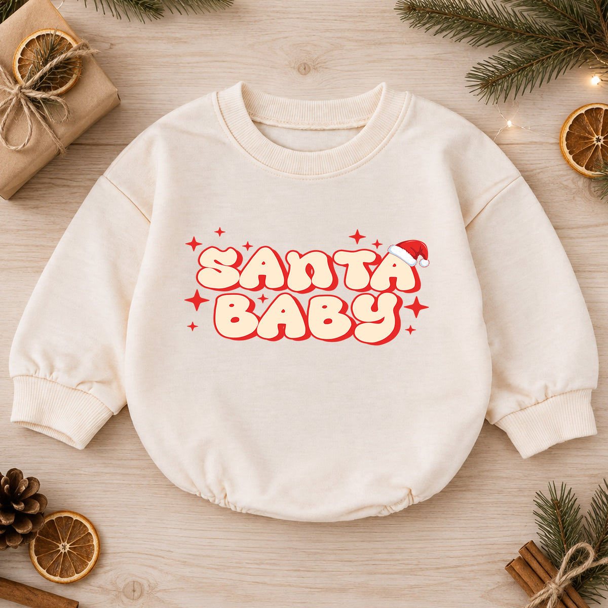 Santa Baby Christmas Romper, Retro Santa Baby Romper, Toddler Christmas Outfit, Cute Baby Holiday Romper, Xmas Gift for Baby — product view 1
