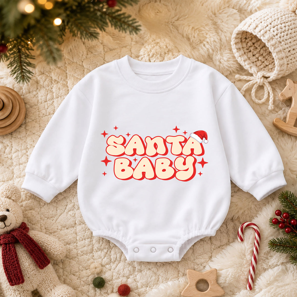 Santa Baby Christmas Romper, Retro Santa Baby Romper, Toddler Christmas Outfit, Cute Baby Holiday Romper, Xmas Gift for Baby — product view 3
