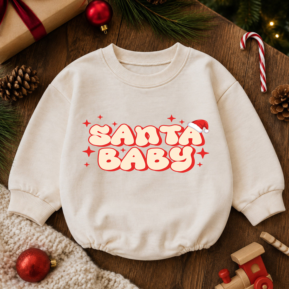 Santa Baby Christmas Romper, Retro Santa Baby Romper, Toddler Christmas Outfit, Cute Baby Holiday Romper, Xmas Gift for Baby — product view 6
