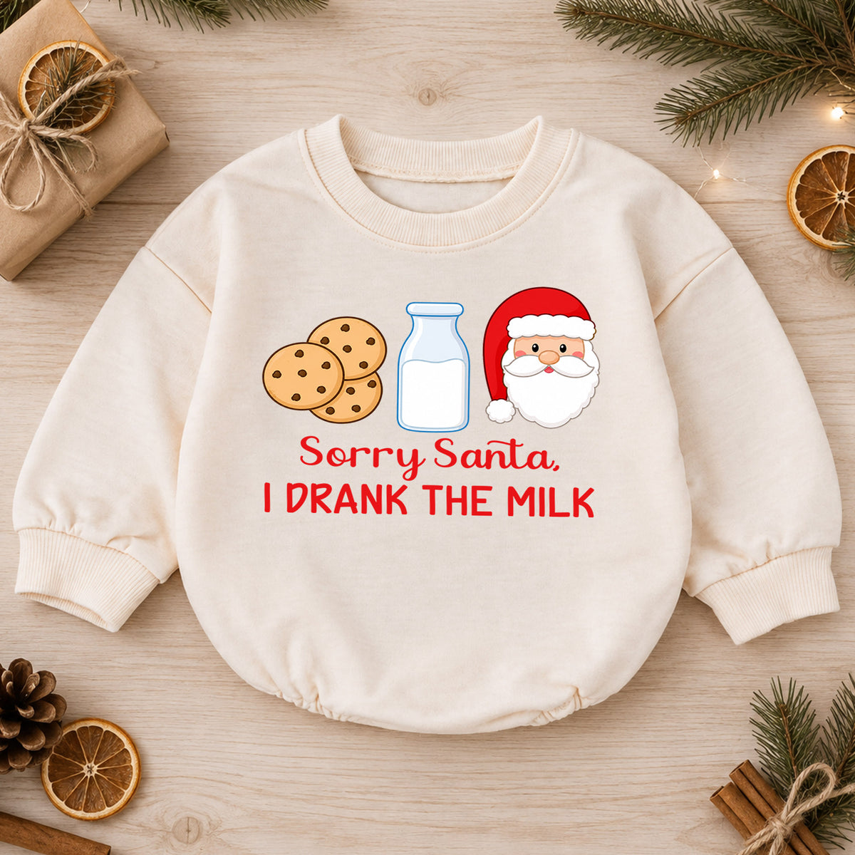 Sorry Santa I Drank the Milk Baby Romper, Cookies and Milk Christmas Romper, Funny Baby Xmas Outfit, Christmas Eve Gift — product view 1