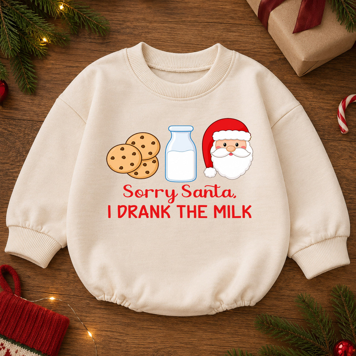 Sorry Santa I Drank the Milk Baby Romper, Cookies and Milk Christmas Romper, Funny Baby Xmas Outfit, Christmas Eve Gift — product view 2