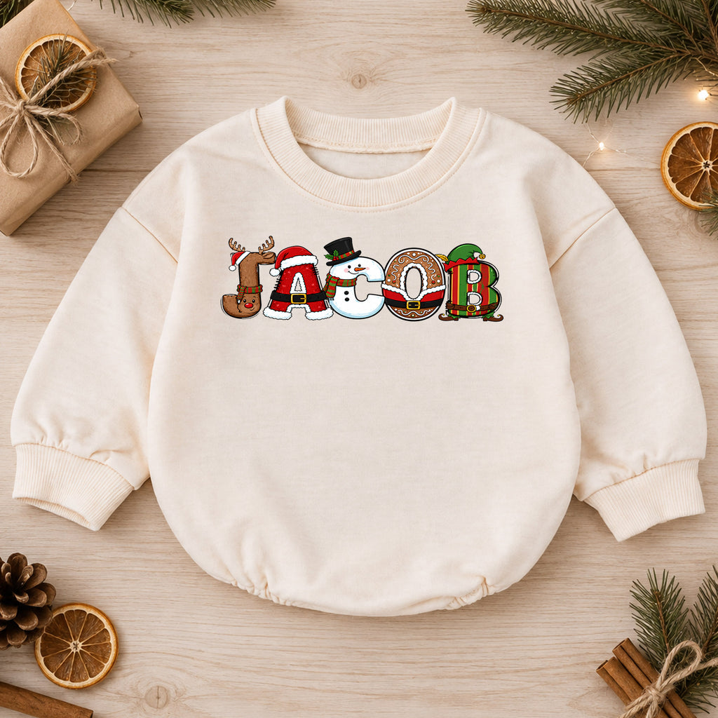 Personalized Snowman Christmas Baby Romper, Custom Name Scarf Design, 1st Christmas Outfit, 1st Birthday Keepsake Gift — product view 1