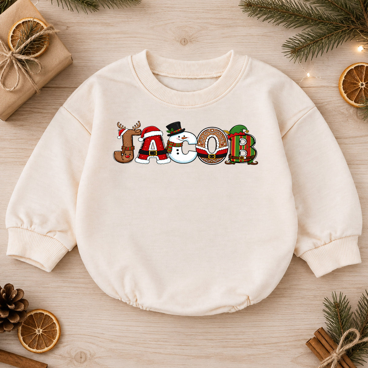 Personalized Snowman Christmas Baby Romper, Custom Name Scarf Design, 1st Christmas Outfit, 1st Birthday Keepsake Gift — product view 1