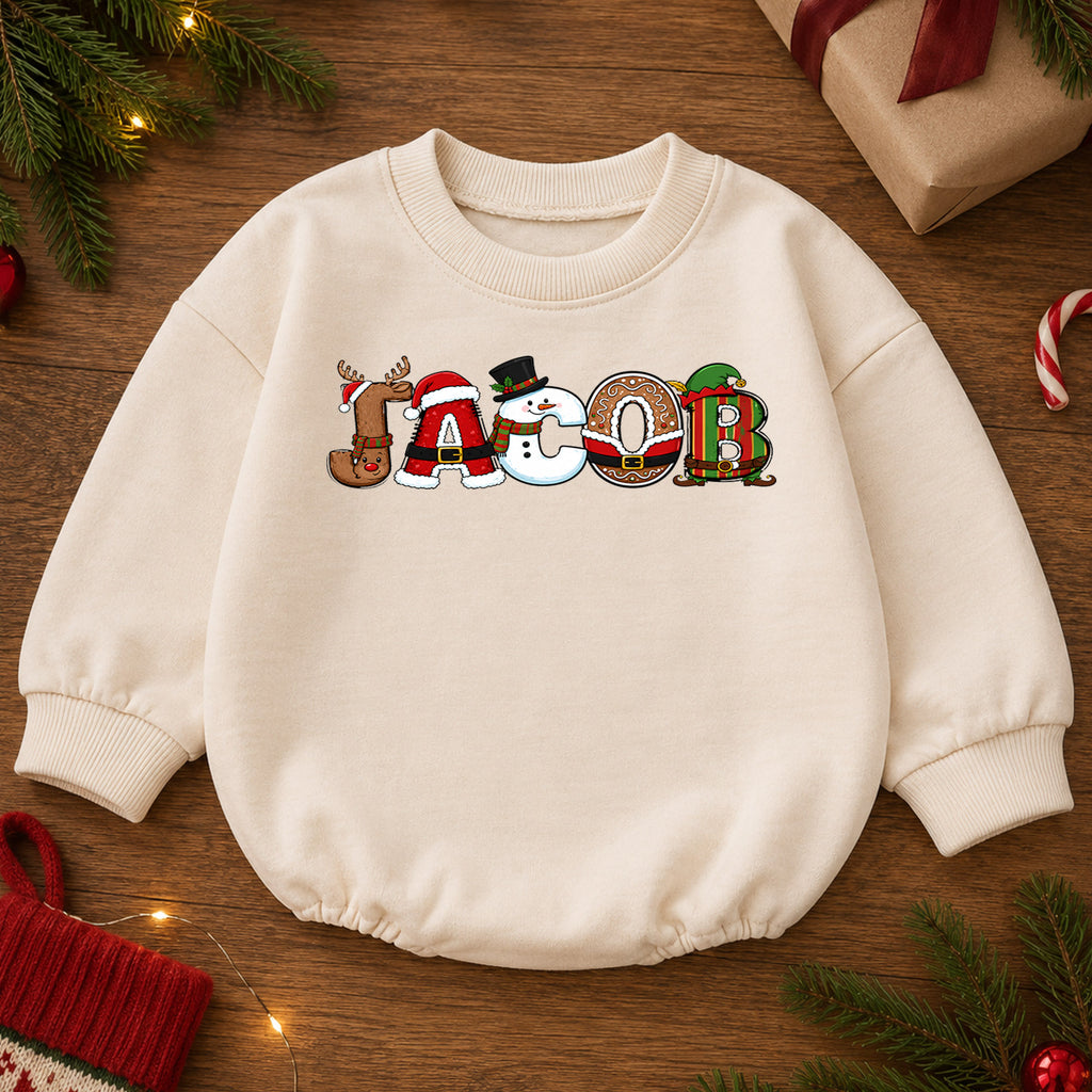 Personalized Snowman Christmas Baby Romper, Custom Name Scarf Design, 1st Christmas Outfit, 1st Birthday Keepsake Gift — product view 2