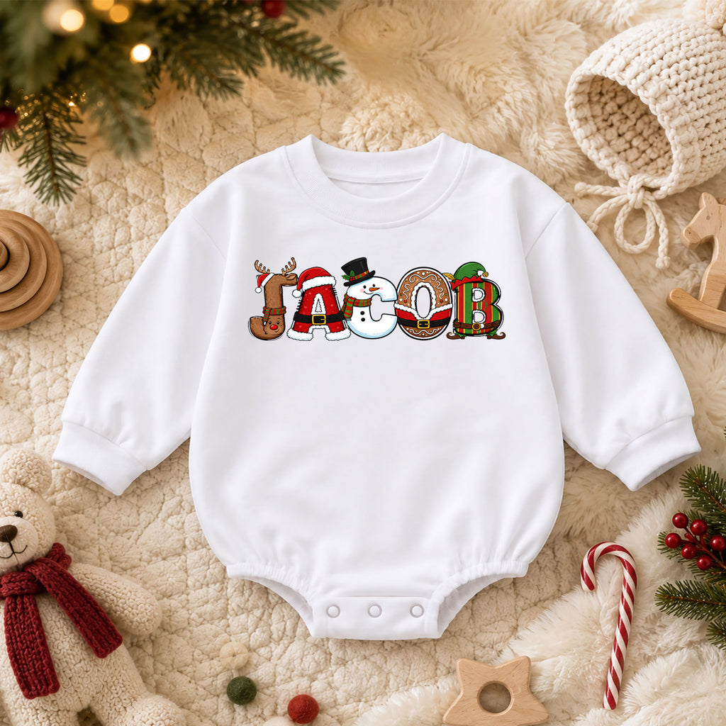 Personalized Snowman Christmas Baby Romper, Custom Name Scarf Design, 1st Christmas Outfit, 1st Birthday Keepsake Gift — product view 3